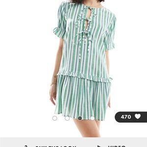 Wednesday’s Girl Green and White Striped Dress tie detail Medium